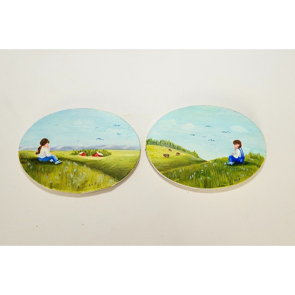 2 5x7 Oval Small Paintings Gallery wall signed K.H.P Wall Decor Country Landscap